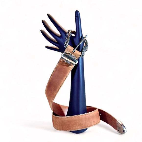 BRIGHTON Tan Nubuck Leather, Silver toned hardware, vintage 1994 BELT - Picture 3 of 10